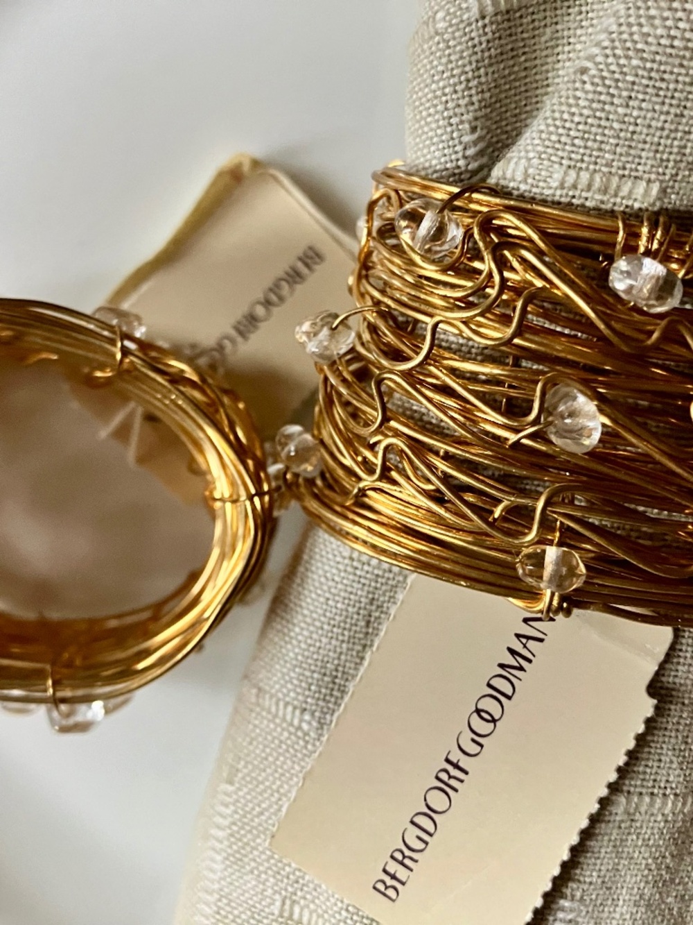 Bergdorf Goodman Gold Beaded Napkin Rings. Set of 2. Tags Attached. Orig. Owner
